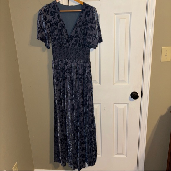 Baltic Born Dresses & Skirts - Baltic Born Veronica whisper blue flocked velvet maxi dress front slit XL